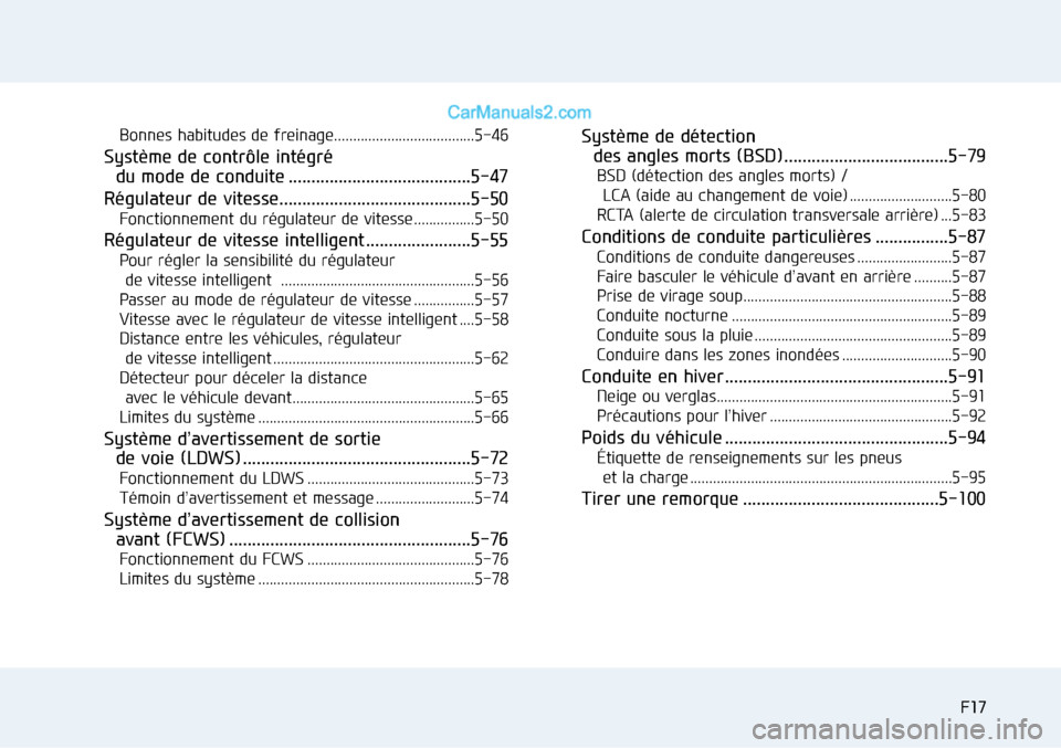 Hyundai Sonata 2015 Manuel du propriétaire (in French) F17F17
Bonnes habitudes de freinage.....................................5-46
Système de contrôle intégré
du mode de conduite ........................................5-47
Régulateur de vitesse... Hyundai Sonata 2015 Manuel du propriétaire (in French) F17F17
Bonnes habitudes de freinage.....................................5-46
Système de contrôle intégré
du mode de conduite ........................................5-47
Régulateur de vitesse...