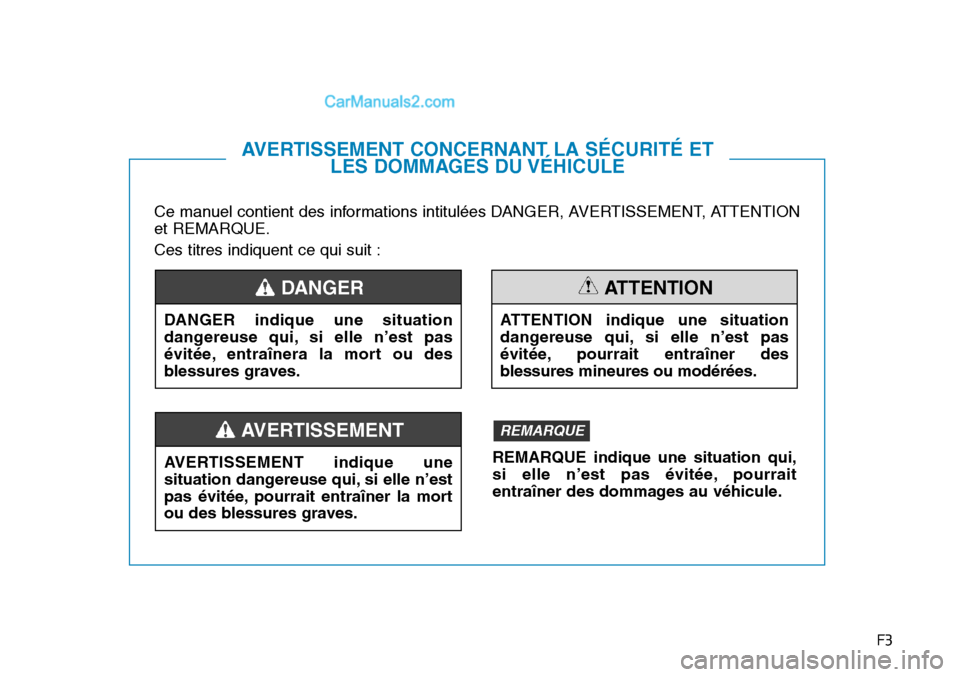 Hyundai Sonata 2015 Manuel du propriétaire (in French) F3
Ce manuel contient des informations intitulées DANGER, AVERTISSEMENT, ATTENTION
et REMARQUE.
Ces titres indiquent ce qui suit :
AVERTISSEMENT CONCERNANT LA SÉCURITÉ ETLES DOMMAGES DU VÉHICULE
D Hyundai Sonata 2015 Manuel du propriétaire (in French) F3
Ce manuel contient des informations intitulées DANGER, AVERTISSEMENT, ATTENTION
et REMARQUE.
Ces titres indiquent ce qui suit :
AVERTISSEMENT CONCERNANT LA SÉCURITÉ ETLES DOMMAGES DU VÉHICULE
D