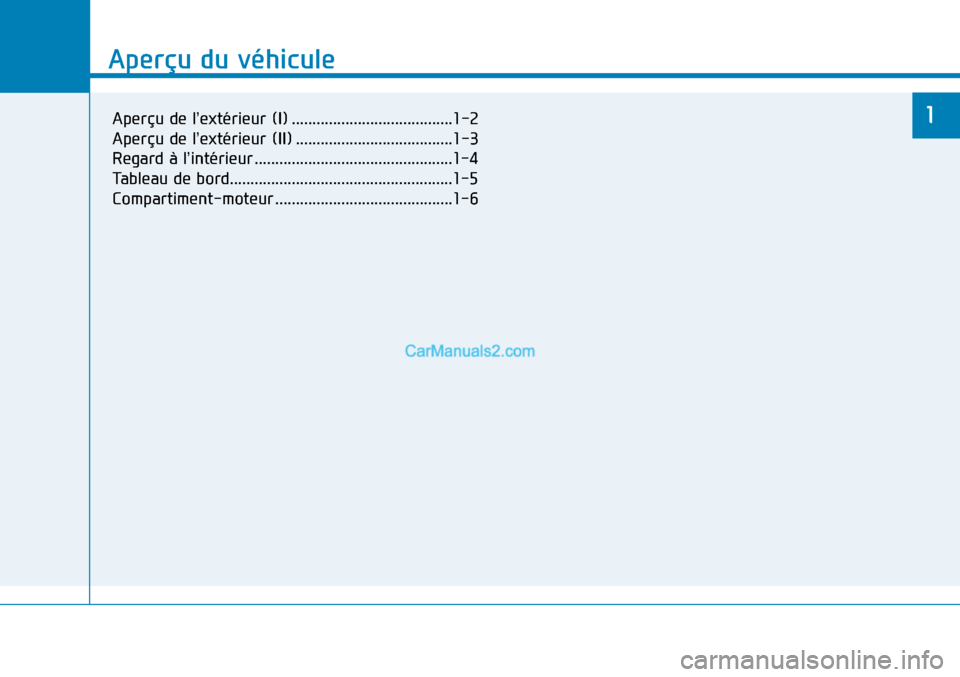 Hyundai Sonata 2015 Manuel du propriétaire (in French) Aperçu du véhicule
1
Aperçu du véhicule
1Aperçu de l’extérieur (I) .......................................1-2
Aperçu de l’extérieur (II) ......................................1-3
Regard à Hyundai Sonata 2015 Manuel du propriétaire (in French) Aperçu du véhicule
1
Aperçu du véhicule
1Aperçu de l’extérieur (I) .......................................1-2
Aperçu de l’extérieur (II) ......................................1-3
Regard à