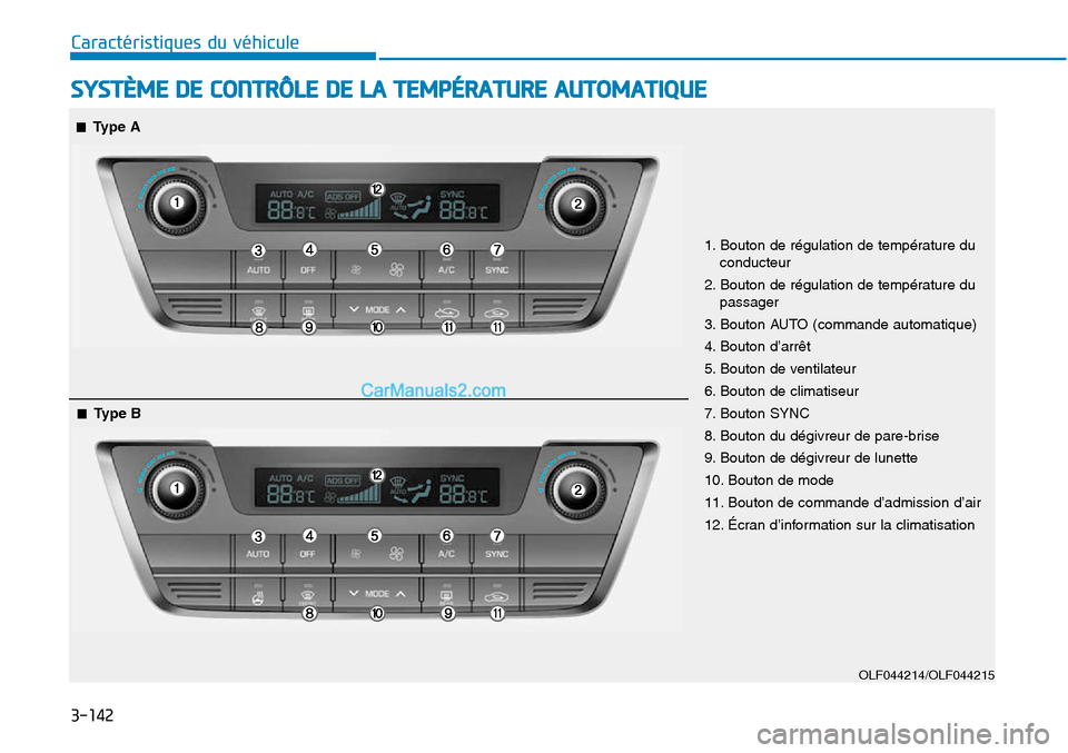 Hyundai Sonata 2015 Manuel du propriétaire (in French) 3-142
Caractéristiques du véhicule
SYSTÈME DE CONTRÔLE DE LA TEMPÉRATURE AUTOMATIQUE
OLF044214/OLF044215
1. Bouton de régulation de température duconducteur
2. Bouton de régulation de tempéra Hyundai Sonata 2015 Manuel du propriétaire (in French) 3-142
Caractéristiques du véhicule
SYSTÈME DE CONTRÔLE DE LA TEMPÉRATURE AUTOMATIQUE
OLF044214/OLF044215
1. Bouton de régulation de température duconducteur
2. Bouton de régulation de tempéra