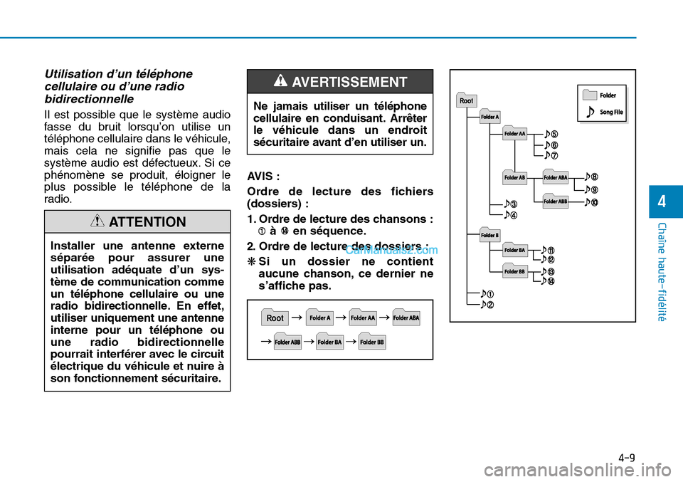 Hyundai Sonata 2015  Manuel du propriétaire (in French) 4-9
Chaîne haute-fidélité
4
Utilisation d’un téléphonecellulaire ou d’une radiobidirectionnelle   
Il est possible que le système audio
fasse du bruit lorsqu’on utilise un
téléphone cell