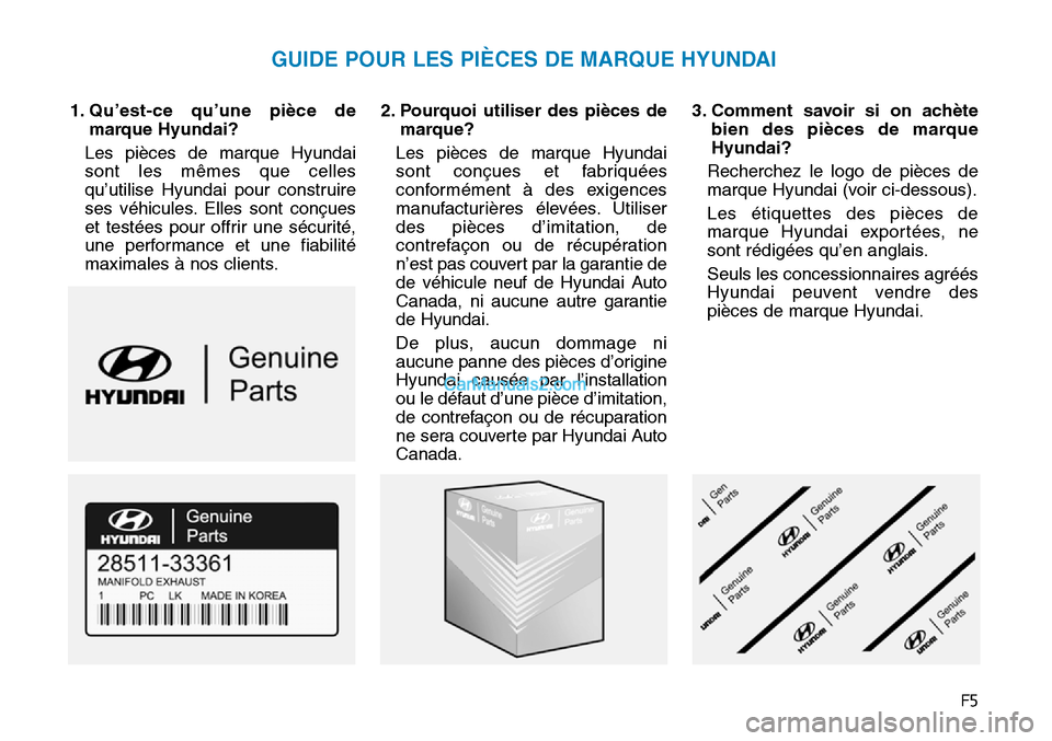 Hyundai Sonata 2015 Manuel du propriétaire (in French) F5
1. Qu’est-ce qu’une pièce demarque Hyundai?
Les pièces de marque Hyundai
sont les mêmes que celles
qu’utilise Hyundai pour construire
ses véhicules. Elles sont conçues
et testées pour o Hyundai Sonata 2015 Manuel du propriétaire (in French) F5
1. Qu’est-ce qu’une pièce demarque Hyundai?
Les pièces de marque Hyundai
sont les mêmes que celles
qu’utilise Hyundai pour construire
ses véhicules. Elles sont conçues
et testées pour o