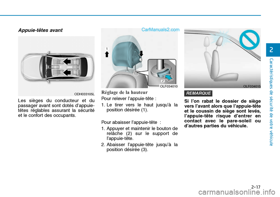 Hyundai Sonata 2015 Manuel du propriétaire (in French) 2-17
Caractéristiques de sécurité de votre véhicule
2
Appuie-têtes avant
Les sièges du conducteur et du
passager avant sont dotés d’appuie-
têtes réglables assurant la sécurité
et le conf Hyundai Sonata 2015 Manuel du propriétaire (in French) 2-17
Caractéristiques de sécurité de votre véhicule
2
Appuie-têtes avant
Les sièges du conducteur et du
passager avant sont dotés d’appuie-
têtes réglables assurant la sécurité
et le conf