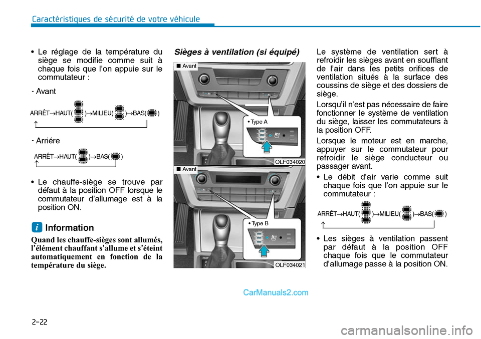 Hyundai Sonata 2015 Manuel du propriétaire (in French) 2-22
• Le réglage de la température dusiège se modifie comme suit à
chaque fois que l’on appuie sur le
commutateur :
• Le chauffe-siège se trouve par défaut à la position OFF lorsque le
c Hyundai Sonata 2015 Manuel du propriétaire (in French) 2-22
• Le réglage de la température dusiège se modifie comme suit à
chaque fois que l’on appuie sur le
commutateur :
• Le chauffe-siège se trouve par défaut à la position OFF lorsque le
c
