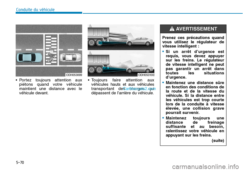 Hyundai Sonata 2015 Manuel du propriétaire (in French) 5-70
Conduite du véhiculePrenez ces précautions quand
vous utilisez le régulateur de
vitesse intelligent :
•Si un arrêt d’urgence est
requis, vous devez appuyer
sur les freins. Le régulateur
Hyundai Sonata 2015 Manuel du propriétaire (in French) 5-70
Conduite du véhiculePrenez ces précautions quand
vous utilisez le régulateur de
vitesse intelligent :
•Si un arrêt d’urgence est
requis, vous devez appuyer
sur les freins. Le régulateur