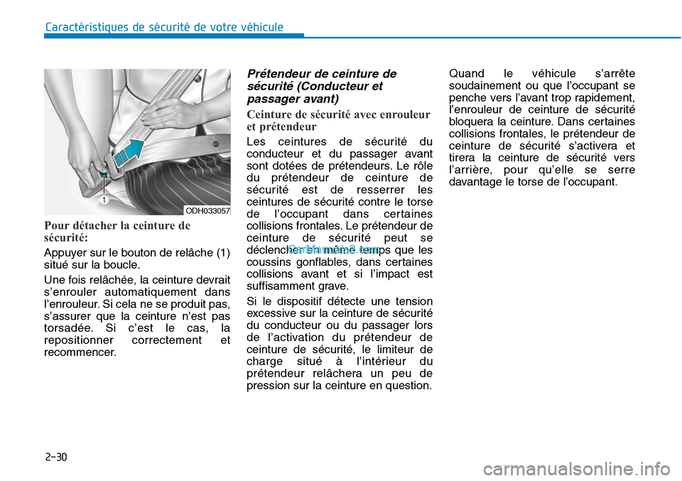 Hyundai Sonata 2015  Manuel du propriétaire (in French) 2-30
Caractéristiques de sécurité de votre véhicule
Pour détacher la ceinture de
sécurité: 
Appuyer sur le bouton de relâche (1)
situé sur la boucle.
Une fois relâchée, la ceinture devrait

