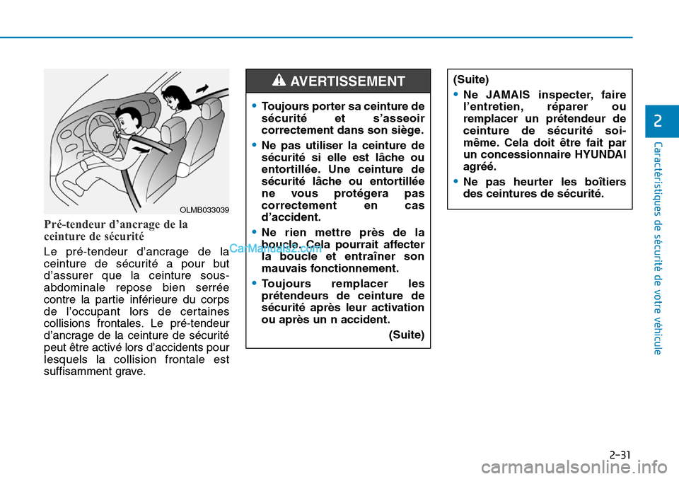 Hyundai Sonata 2015  Manuel du propriétaire (in French) 2-31
Caractéristiques de sécurité de votre véhicule
2
Pré-tendeur d’ancrage de la
ceinture de sécurité
Le pré-tendeur d’ancrage de la
ceinture de sécurité a pour but
d’assurer que la c