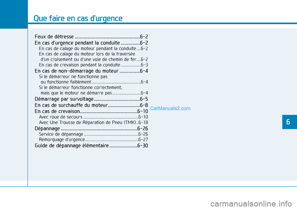 Hyundai Sonata 2015  Manuel du propriétaire (in French) Que faire en cas d’urgence
6
Feux de détresse ...................................................6-2
En cas d’urgence pendant la conduite ...............6-2
En cas de calage du moteur pendant la 