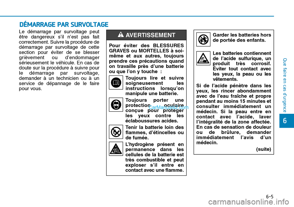 Hyundai Sonata 2015  Manuel du propriétaire (in French) 6-5
Que faire en cas d’urgence
6
Le démarrage par survoltage peut
être dangereux s’il n’est pas fait
correctement. Suivre la procédure de
démarrage par survoltage de cette
section pour évit