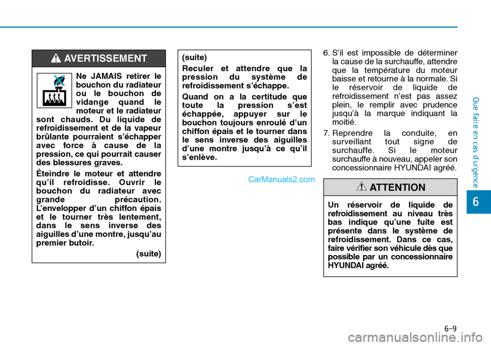 Hyundai Sonata 2015  Manuel du propriétaire (in French) 6-9
Que faire en cas d’urgence
6
6. S’il est impossible de déterminerla cause de la surchauffe, attendre
que la température du moteur
baisse et retourne à la normale. Si
le réservoir de liquid