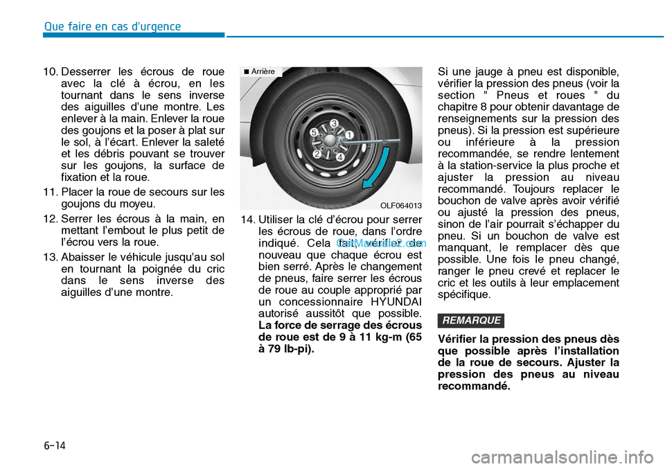 Hyundai Sonata 2015  Manuel du propriétaire (in French) 6-14
Que faire en cas d’urgence
10. Desserrer les écrous de roue avec la clé à écrou, en les
tournant dans le sens inverse
des aiguilles d’une montre. Les
enlever à la main. Enlever la roue
d