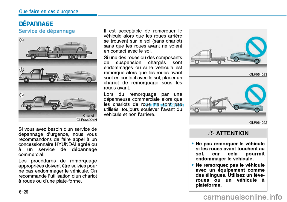 Hyundai Sonata 2015  Manuel du propriétaire (in French) 6-26
Que faire en cas d’urgence
Service de dépannage
Si vous avez besoin d’un service de
dépannage d’urgence, nous vous
recommandons de faire appel à un
concessionnaire HYUNDAI agréé ou
à 