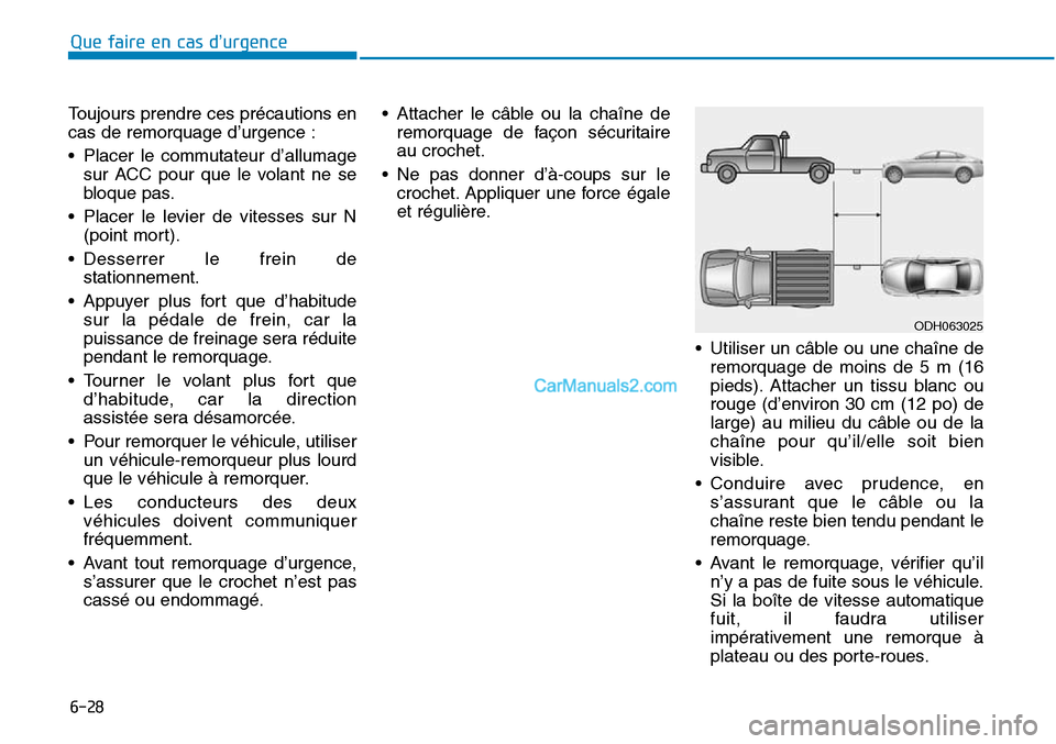 Hyundai Sonata 2015  Manuel du propriétaire (in French) 6-28
Que faire en cas d’urgence
ODH063025
Toujours prendre ces précautions en
cas de remorquage d’urgence :
• Placer le commutateur d’allumagesur ACC pour que le volant ne se
bloque pas.
• 