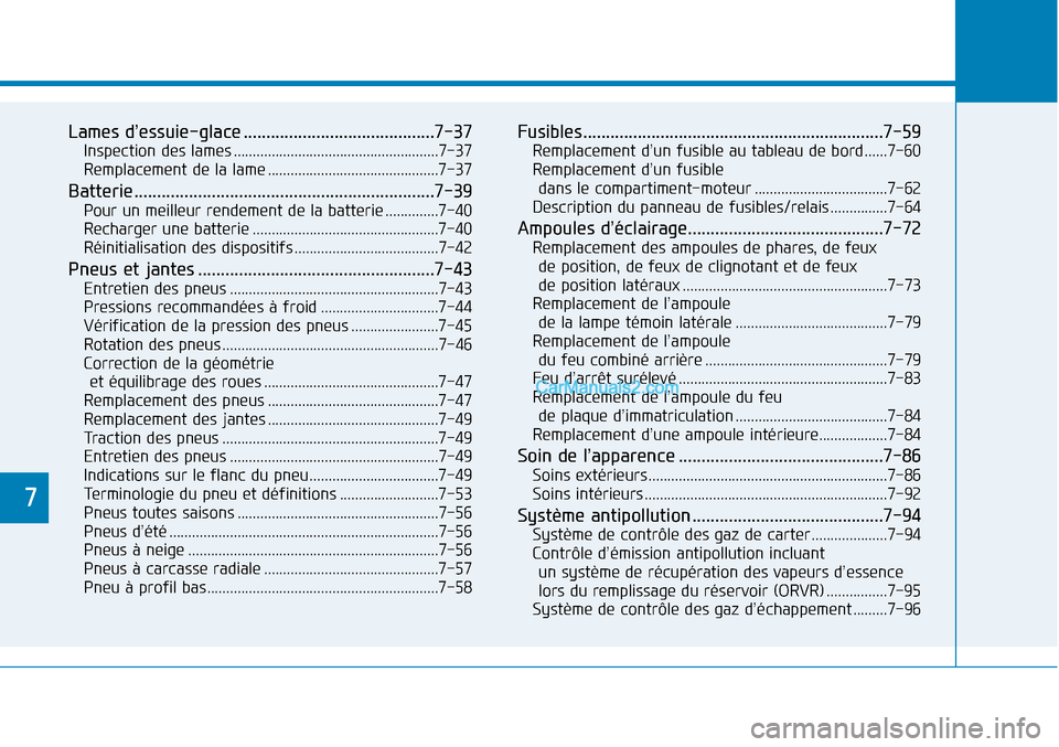 Hyundai Sonata 2015  Manuel du propriétaire (in French) 7
Lames d’essuie-glace ..........................................7-37
Inspection des lames ......................................................7-37
Remplacement de la lame ........................
