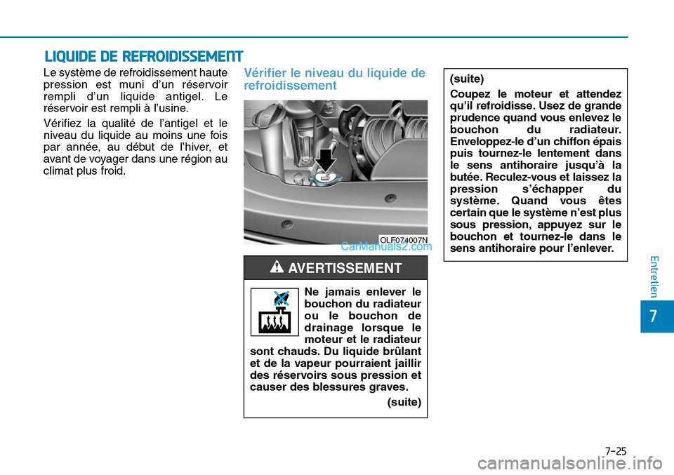 Hyundai Sonata 2015  Manuel du propriétaire (in French) 7-25
7
Entretien
LIQUIDE DE REFROIDISSEMENT
Le système de refroidissement haute
pression est muni d’un réservoir
rempli d’un liquide antigel. Le
réservoir est rempli à l’usine.
Vérifiez la 