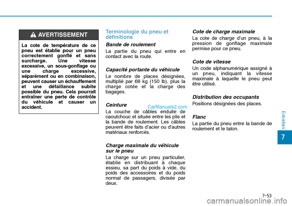 Hyundai Sonata 2015  Manuel du propriétaire (in French) 7-53
7
Entretien
Terminologie du pneu et
définitions
Bande de roulement
La partie du pneu qui entre en
contact avec la route.
Capacité portante du véhicule
Le nombre de places désignées,
multipli