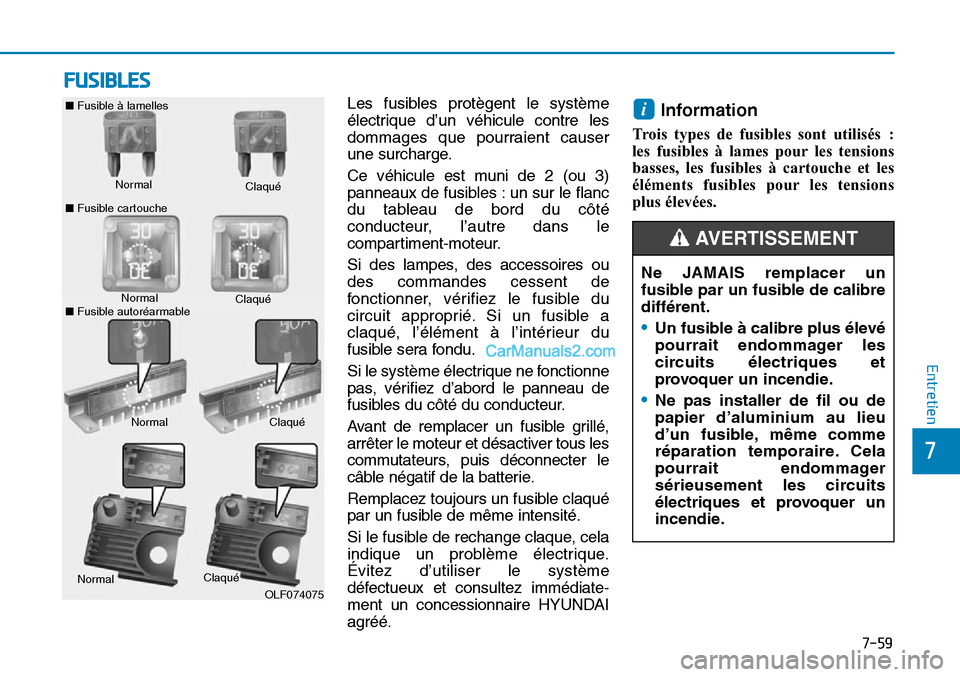 Hyundai Sonata 2015  Manuel du propriétaire (in French) 7-59
7
Entretien
FUSIBLES
Les fusibles protègent le système
électrique d’un véhicule contre les
dommages que pourraient causer
une surcharge.
Ce véhicule est muni de 2 (ou 3)
panneaux de fusibl