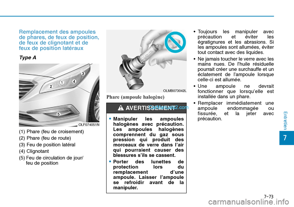 Hyundai Sonata 2015  Manuel du propriétaire (in French) 7-73
7
Entretien
Remplacement des ampoules
de phares, de feux de position,
de feux de clignotant et de
feux de position latéraux
Ty p e  A
(1) Phare (feu de croisement)
(2) Phare (feu de route)
(3) F
