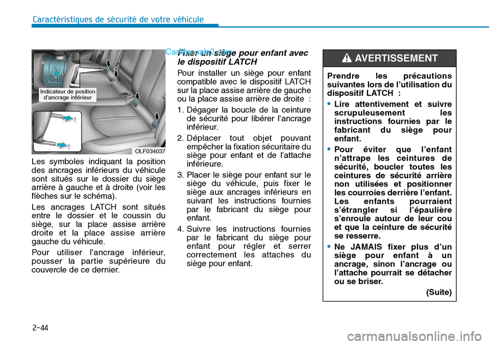 Hyundai Sonata 2015  Manuel du propriétaire (in French) 2-44
Caractéristiques de sécurité de votre véhicule
Les symboles indiquant la position
des ancrages inférieurs du véhicule
sont situés sur le dossier du siège
arrière à gauche et à droite (