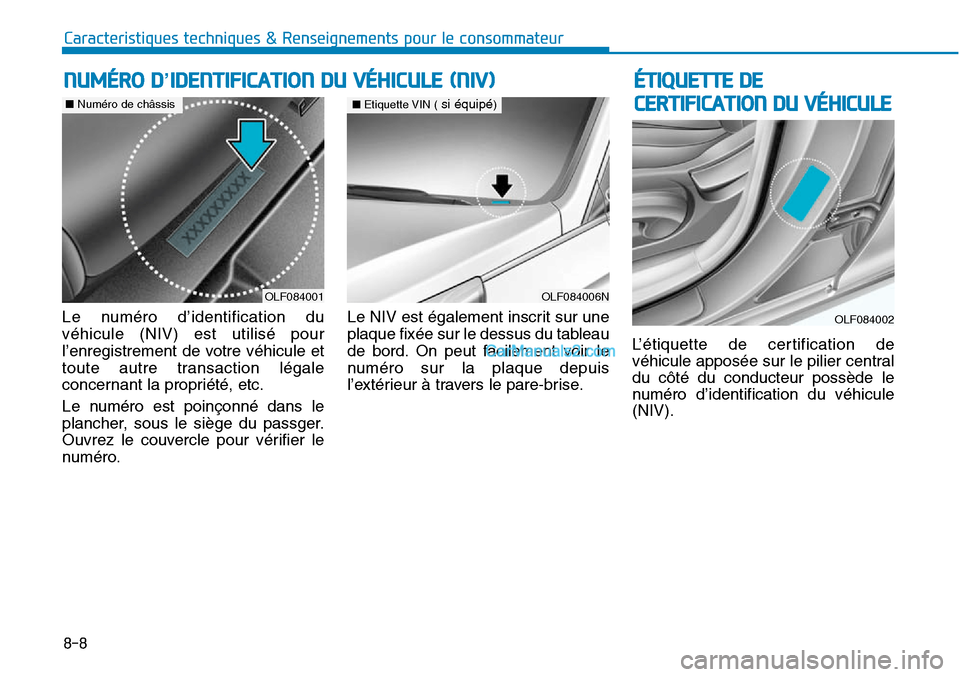 Hyundai Sonata 2015 Manuel du propriétaire (in French) Caracteristiques techniques & Renseignements pour le consommateur
8-8
ÉTIQUETTE DE
CERTIFICATION DU VÉHICULE
Le numéro d’identification du
véhicule (NIV) est utilisé pour
l’enregistrement de Hyundai Sonata 2015 Manuel du propriétaire (in French) Caracteristiques techniques & Renseignements pour le consommateur
8-8
ÉTIQUETTE DE
CERTIFICATION DU VÉHICULE
Le numéro d’identification du
véhicule (NIV) est utilisé pour
l’enregistrement de