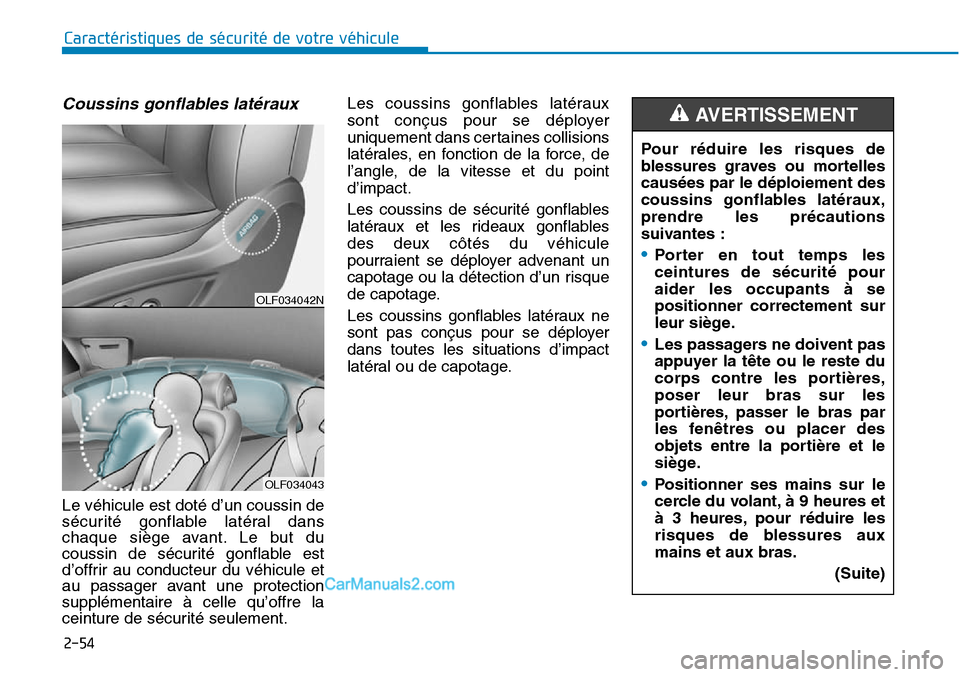 Hyundai Sonata 2015  Manuel du propriétaire (in French) 2-54
Caractéristiques de sécurité de votre véhicule
Coussins gonflables latéraux
Le véhicule est doté d’un coussin de
sécurité gonflable latéral dans
chaque siège avant. Le but du
coussin