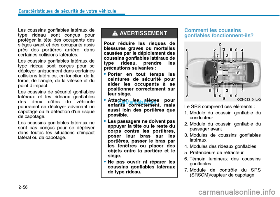 Hyundai Sonata 2015  Manuel du propriétaire (in French) 2-56
Les coussins gonflables latéraux de
type rideau sont conçus pour
protéger la tête des occupants des
sièges avant et des occupants assis
près des portières arrière, dans
certaines collisio