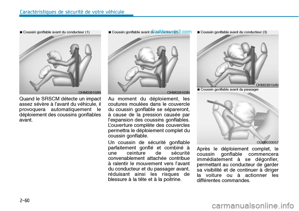 Hyundai Sonata 2015  Manuel du propriétaire (in French) 2-60
Caractéristiques de sécurité de votre véhicule
OHM039103N
OHM039104N
■Coussin gonflable avant du conducteur (3)
OLMB033057
■Coussin gonflable avant du passagerOHM039102N
■Coussin gonfla