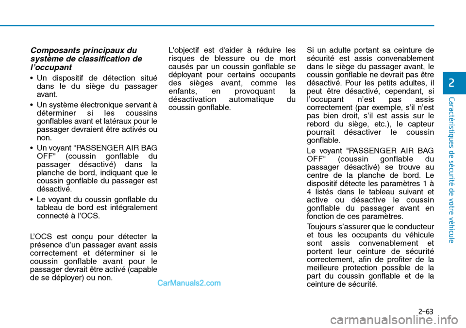 Hyundai Sonata 2015  Manuel du propriétaire (in French) 2-63
Caractéristiques de sécurité de votre véhicule
2
Composants principaux dusystème de classification del’occupant 
• Un dispositif de détection situé
dans le du siège du passager
avant.