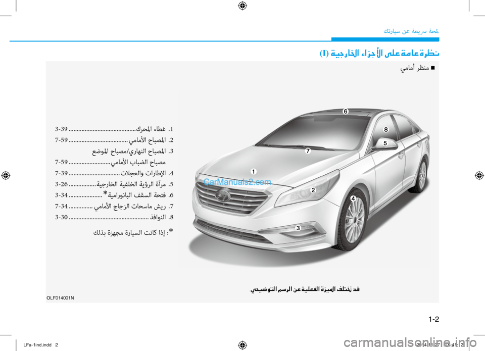 Hyundai Sonata 2015 دليل المالك 1-2
كترايس نع ةعيسر ةحلم
OLF014001N
)I( ةيجرالخا ءازجلأا ىلع ةماع ةرظن
3-39 .......................................... كرحلما ءاط\f .1
7-59 ...... Hyundai Sonata 2015 دليل المالك 1-2
كترايس نع ةعيسر ةحلم
OLF014001N
)I( ةيجرالخا ءازجلأا ىلع ةماع ةرظن
3-39 .......................................... كرحلما ءاط\f .1
7-59 ......