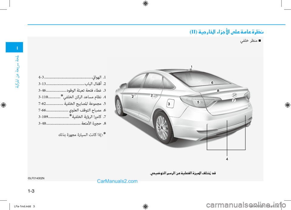 Hyundai Sonata 2015  دليل المالك 1
ةبكرلما نع ةعيسر ةحلم
1-3
OLF014002N
4-3 .................................................. ئياوهلا .1
3-13  ........................................ بابلا لافقأ .