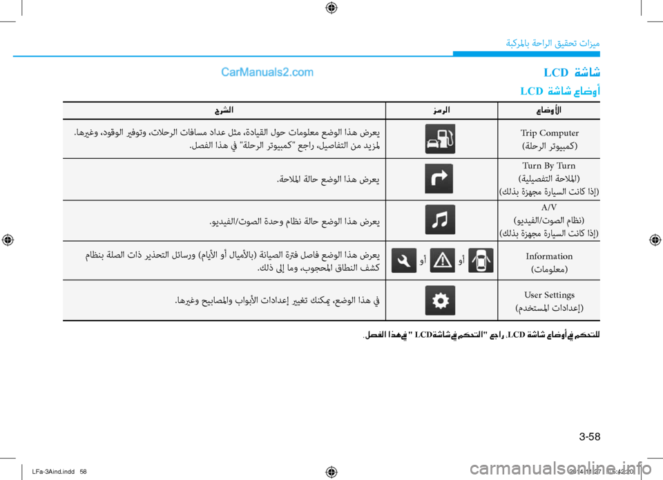 Hyundai Sonata 2015 دليل المالك 3-58
َbبكرلماب َbَfارلا قيقحت تازيم
LCD ةشاش
LCD ةشاش عاضوأ
عاضولأا
زمرلا
Trip Computer
)َbلَfرلا رتويبمك(
User Settings
)مدخت Hyundai Sonata 2015 دليل المالك 3-58
َbبكرلماب َbَfارلا قيقحت تازيم
LCD ةشاش
LCD ةشاش عاضوأ
عاضولأا
زمرلا
Trip Computer
)َbلَfرلا رتويبمك(
User Settings
)مدخت