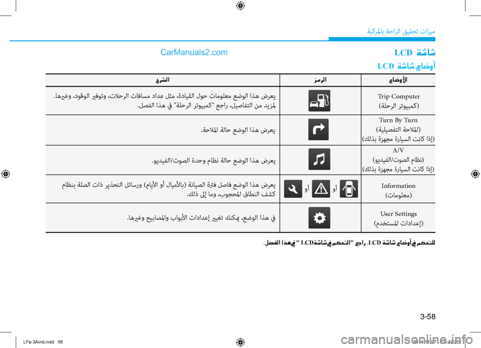 Hyundai Sonata 2015  دليل المالك 3-58
َbبكرلماب َbَfارلا قيقحت تازيم
LCD  ةشاش
LCD  ةشاش عاضوأ
عاضولأا
زمرلا
 Trip Computer  
)َbلَfرلا رتويبمك(
 User Settings  
)مدخت