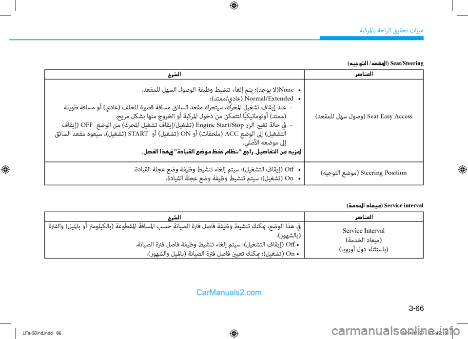 Hyundai Sonata 2015  دليل المالك 3-66
ةبكرلماب ةحارلا قيقحت تازيم
حرشلارصانعلا
.دعقملل لهسلا لوصولا ةفيظو طيشنت ءاغلإ متي :)دجوي لا(
None •
:)دتمم/ي�