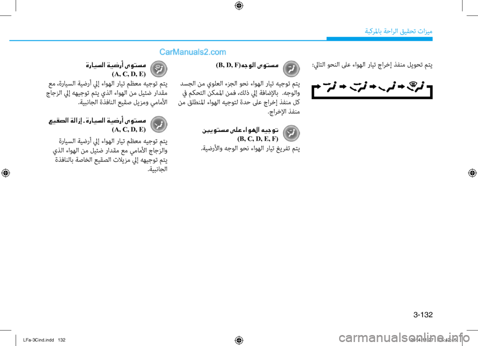 Hyundai Sonata 2015  دليل المالك 3-132
ةبكرلماب ةحارلا قيقحت تازيم
 ةرايسلا ةيضرأ ىوتسم 
)A, C, D, E(
 عم ،ة\bايسلا ةيض\bأ ليإ ءا\fهلا \bايت مظعم هيج\fت متي
