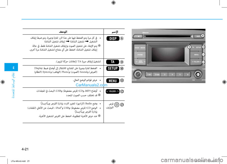 Hyundai Sonata 2015 دليل المالك 4
ةددعتلما طئاسولا ثيfاظن
4-21
.)رورلما ةكرح تانلاعإ( TA ةزيم فاقيإ/ليغشتل
Display طبض عاضوأ لىإ لاقتنلال :حاتفلما لى Hyundai Sonata 2015 دليل المالك 4
ةددعتلما طئاسولا ثيfاظن
4-21
.)رورلما ةكرح تانلاعإ( TA ةزيم فاقيإ/ليغشتل
Display طبض عاضوأ لىإ لاقتنلال :حاتفلما لى