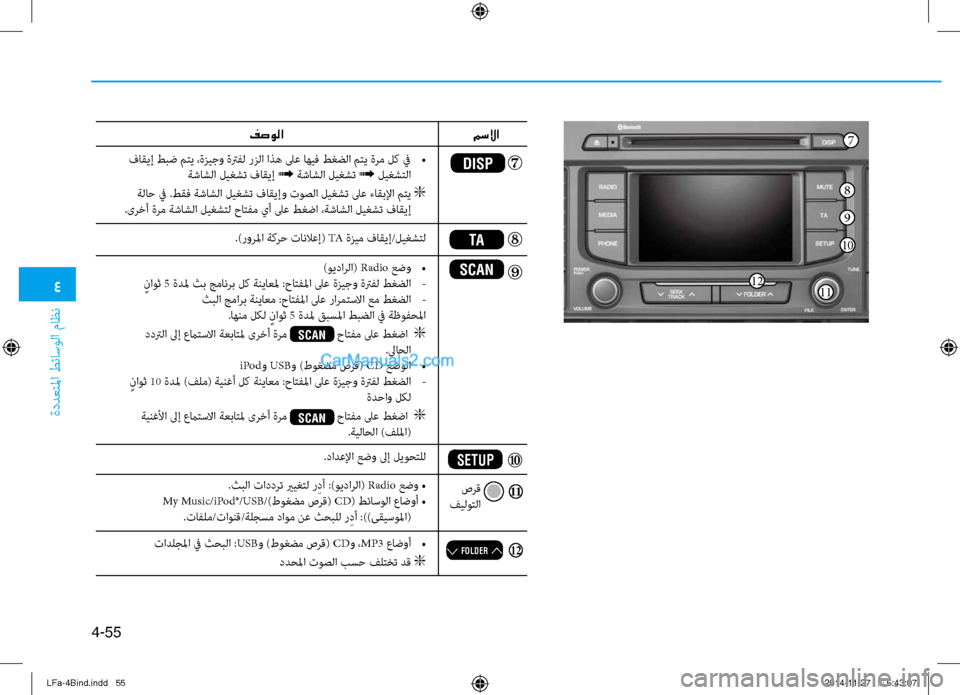 Hyundai Sonata 2015 دليل المالك 4
ةددعتلما طئاسولا ماظن
4-55
.)رورلما ةكرح تانلا\fإ( TA ةزيم فاقيإ/ليغشتل
)ويدارلا( Radio عضو
•
ٍناوث 5 ةدلم ثب جمانرب Hyundai Sonata 2015 دليل المالك 4
ةددعتلما طئاسولا ماظن
4-55
.)رورلما ةكرح تانلا\fإ( TA ةزيم فاقيإ/ليغشتل
)ويدارلا( Radio عضو
•
ٍناوث 5 ةدلم ثب جمانرب