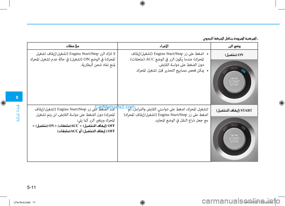 Hyundai Sonata 2015 دليل المالك 5
ةبكرلما ةدايق
5-11
)ليغشتلا فاقيإ( START
رزلا عضو
فاقيإ/ليغشت( Engine Start/Stop رز لىع طغضا
•
)تاقحلم( ACC عضولا في رزلا ن Hyundai Sonata 2015 دليل المالك 5
ةبكرلما ةدايق
5-11
)ليغشتلا فاقيإ( START
رزلا عضو
فاقيإ/ليغشت( Engine Start/Stop رز لىع طغضا
•
)تاقحلم( ACC عضولا في رزلا ن