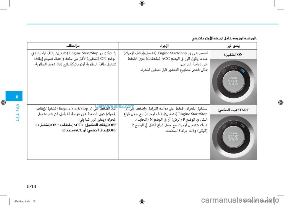 Hyundai Sonata 2015 دليل المالك 5
ةبكرلما ةدايق
5-13
)يغشتلا ءدب( START
رزلا عضو
)كرحلما فاقيإ/ليغشت( Engine Start/Stop رز لىع طغضا
طغضلا نود )تاقحلم( ACC عضو Hyundai Sonata 2015 دليل المالك 5
ةبكرلما ةدايق
5-13
)يغشتلا ءدب( START
رزلا عضو
)كرحلما فاقيإ/ليغشت( Engine Start/Stop رز لىع طغضا
طغضلا نود )تاقحلم( ACC عضو
