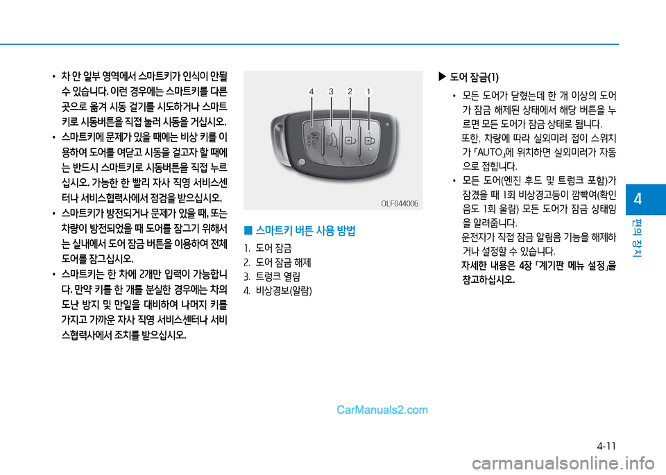 Hyundai Sonata 2015  쏘나타 LF - 사용 설명서 (in Korean) 4-11
편의 장치
4OLF044006OLF044006
 
0 스&P?@키
 버튼  사용  방)
좌 .    L2<  4(