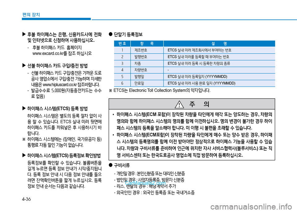 Hyundai Sonata 2015  쏘나타 LF - 사용 설명서 (in Korean) 4-36
편의 장치
 
▶
후불  하이패스는  은B , 신용카드사에  전B