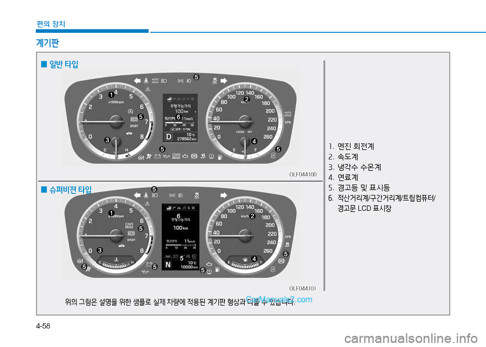 Hyundai Sonata 2015  쏘나타 LF - 사용 설명서 (in Korean) 4-58
편의 장치
계기판
OLF044100OLF044100
OLF044101
OLF044101
좌 .   엔진  회전계
속 .  . L계
3 .  냉