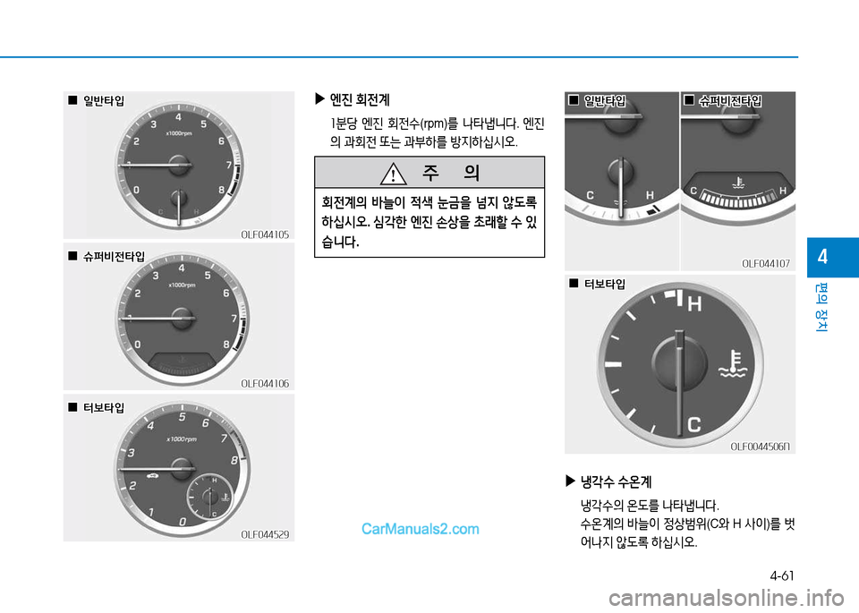 Hyundai Sonata 2015  쏘나타 LF - 사용 설명서 (in Korean) 4-61
편의 장치
4
 
▶
엔진  회전계
  좌분당  엔진  회전.