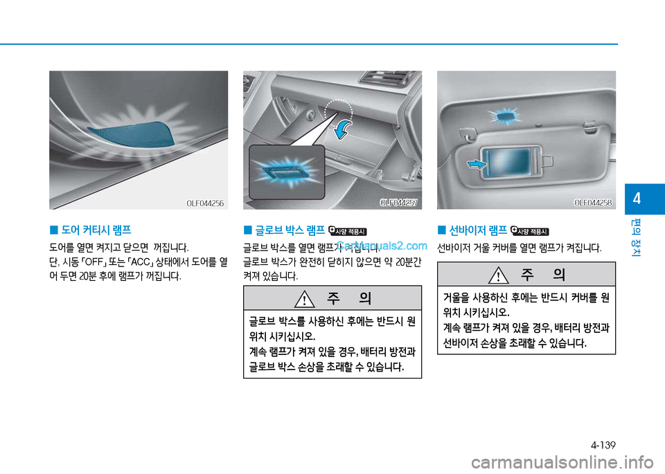 Hyundai Sonata 2015  쏘나타 LF - 사용 설명서 (in Korean) 4-139
편의 장치
4
 
0  
 L2<  커?x/d  램프  
 L2<를  열면  켜6Hh  s으면   꺼6Y니l .
단 , /d동  
「 OFF
」 
또는  
「 ACC
」 
상=d에-