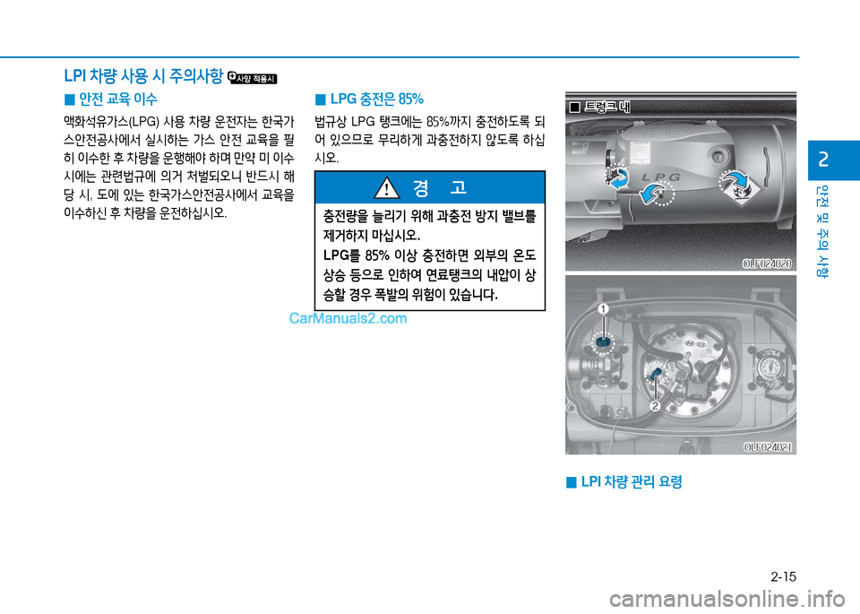 Hyundai Sonata 2015  쏘나타 LF - 사용 설명서 (in Korean) 2-15
안전 및 주의 사항
속
 
0 1