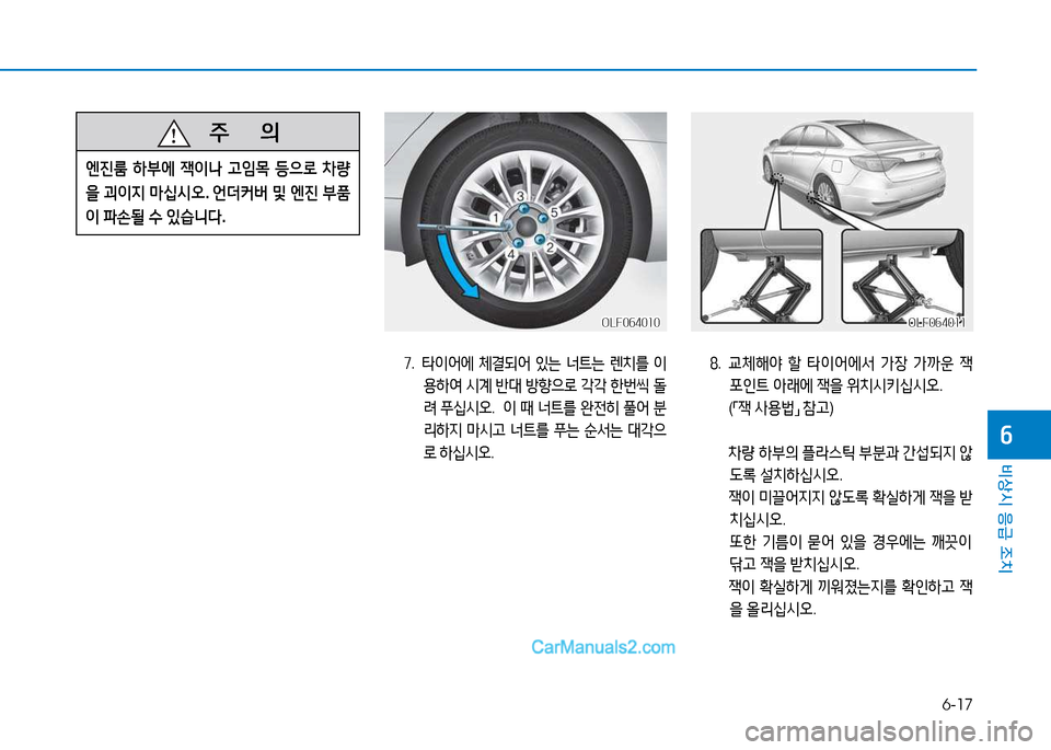 Hyundai Sonata 2015  쏘나타 LF - 사용 설명서 (in Korean) 6-17
비상시 응급 조치
작
높.  타이어에  체결되어  있는  너?@는  렌치를  이
용하2t  /d계  반