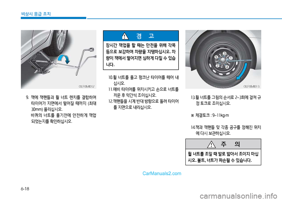 Hyundai Sonata 2015  쏘나타 LF - 사용 설명서 (in Korean) 6-18
비상시 응급 조치
좌좋. 휠  너?@를  풀고  펑크난  타이어를  떼어  내
/u/d오 .
좌좌 . 예비  타이어를  위치/d키고  손으$