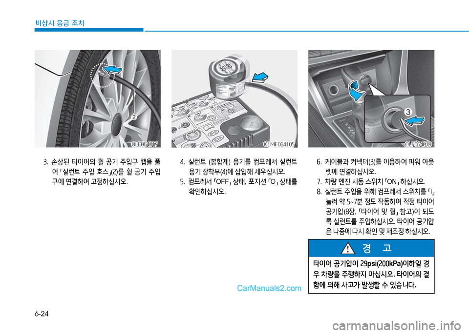 Hyundai Sonata 2015  쏘나타 LF - 사용 설명서 (in Korean) 6-24
비상시 응급 조치
3.  손상된  타이어의  휠  공기  주4
