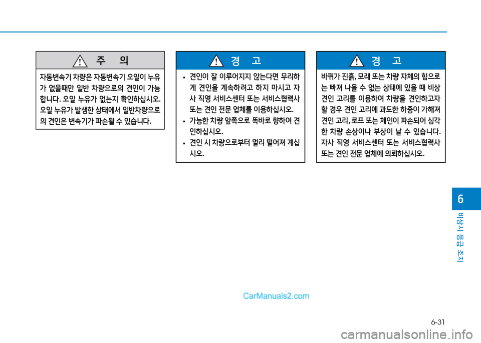 Hyundai Sonata 2015  쏘나타 LF - 사용 설명서 (in Korean) 6-31
비상시 응급 조치
작
   주
        의
4동변.기  8