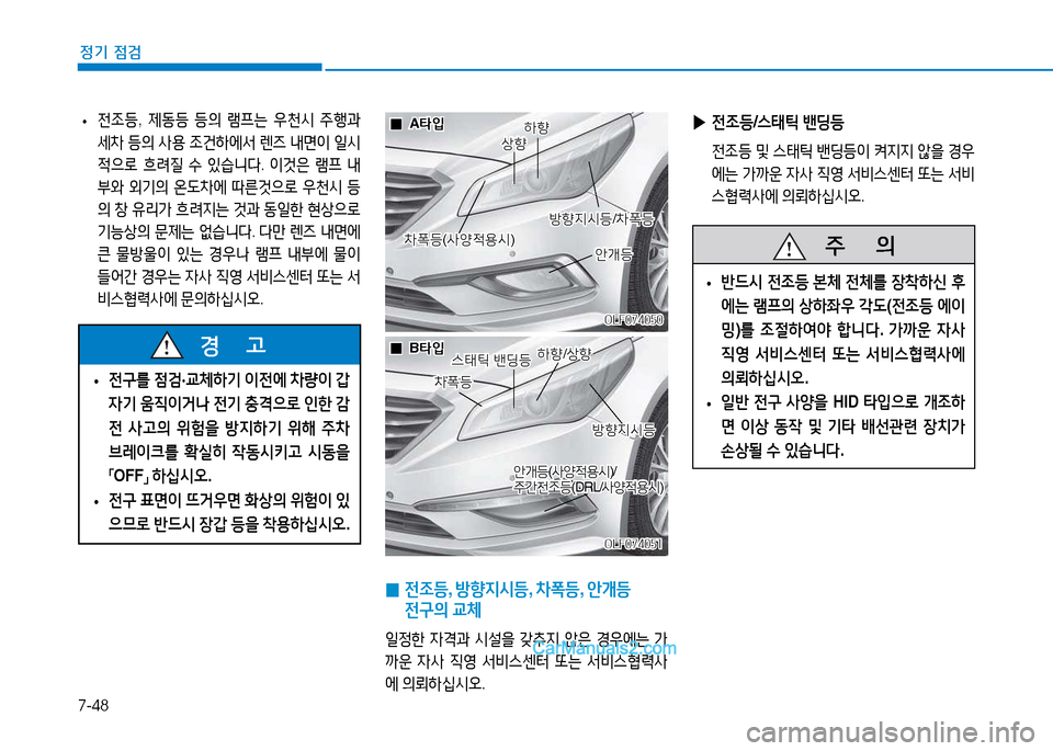 Hyundai Sonata 2015  쏘나타 LF - 사용 설명서 (in Korean) 7-48
정기 점검
 
• 전4