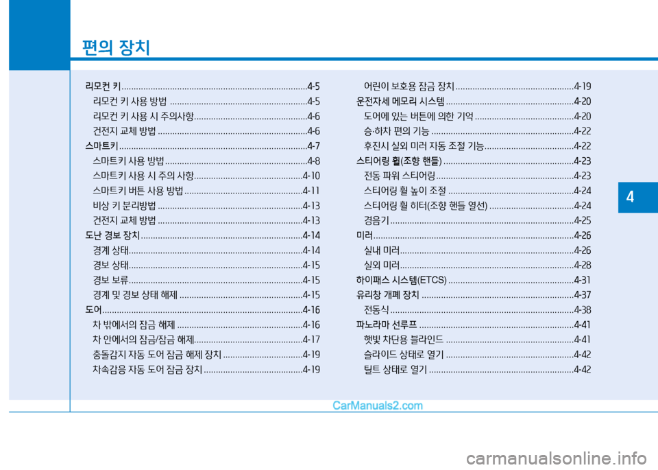 Hyundai Sonata 2015  쏘나타 LF - 사용 설명서 (in Korean) 소
편의 장치
리모컨  키  ............................................................................. 4-5
리0컨  키  사용  방)   .....................................................